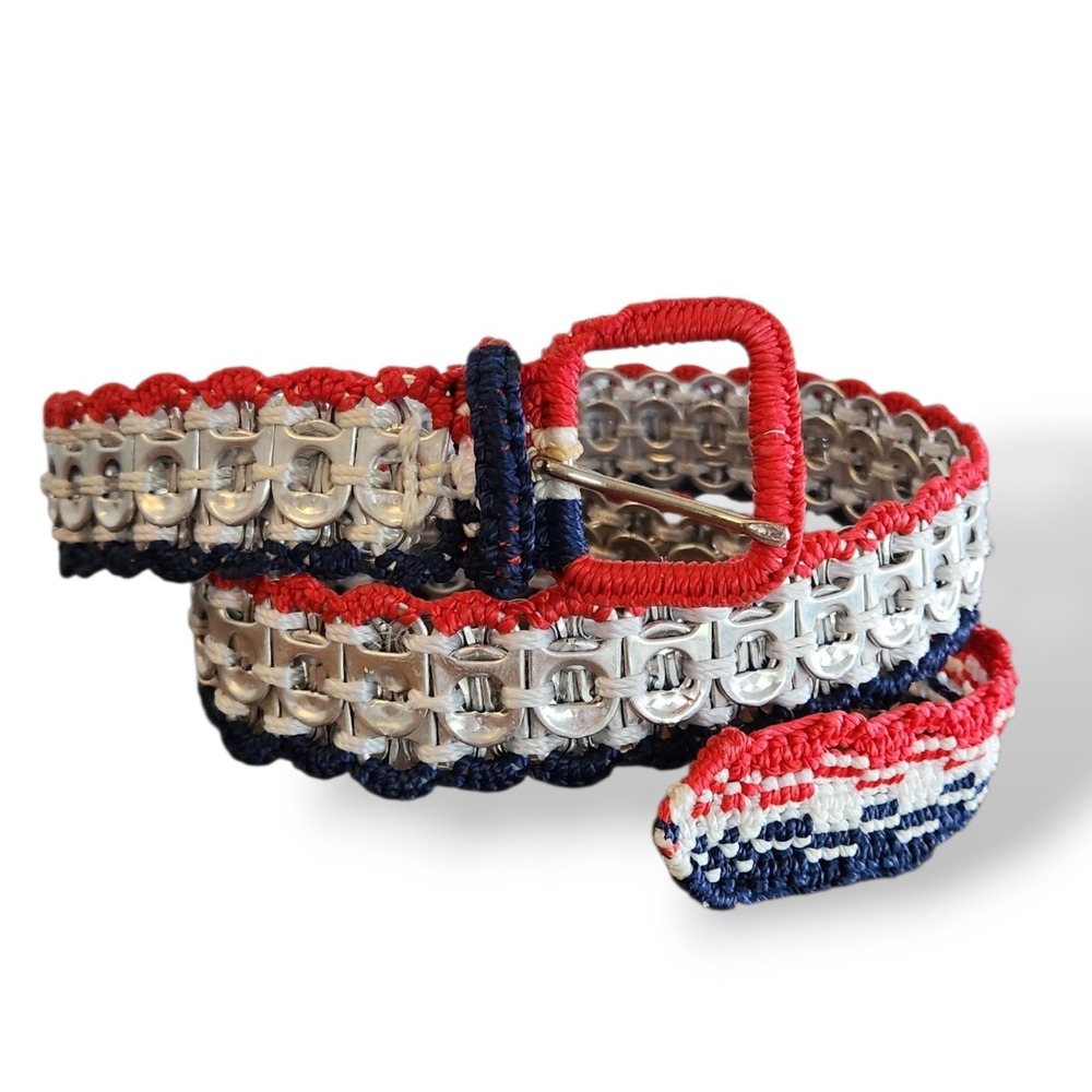 Vintage Handmade Upcycled Soda Pop Tab Belt | Red White Blue Crochet 36"